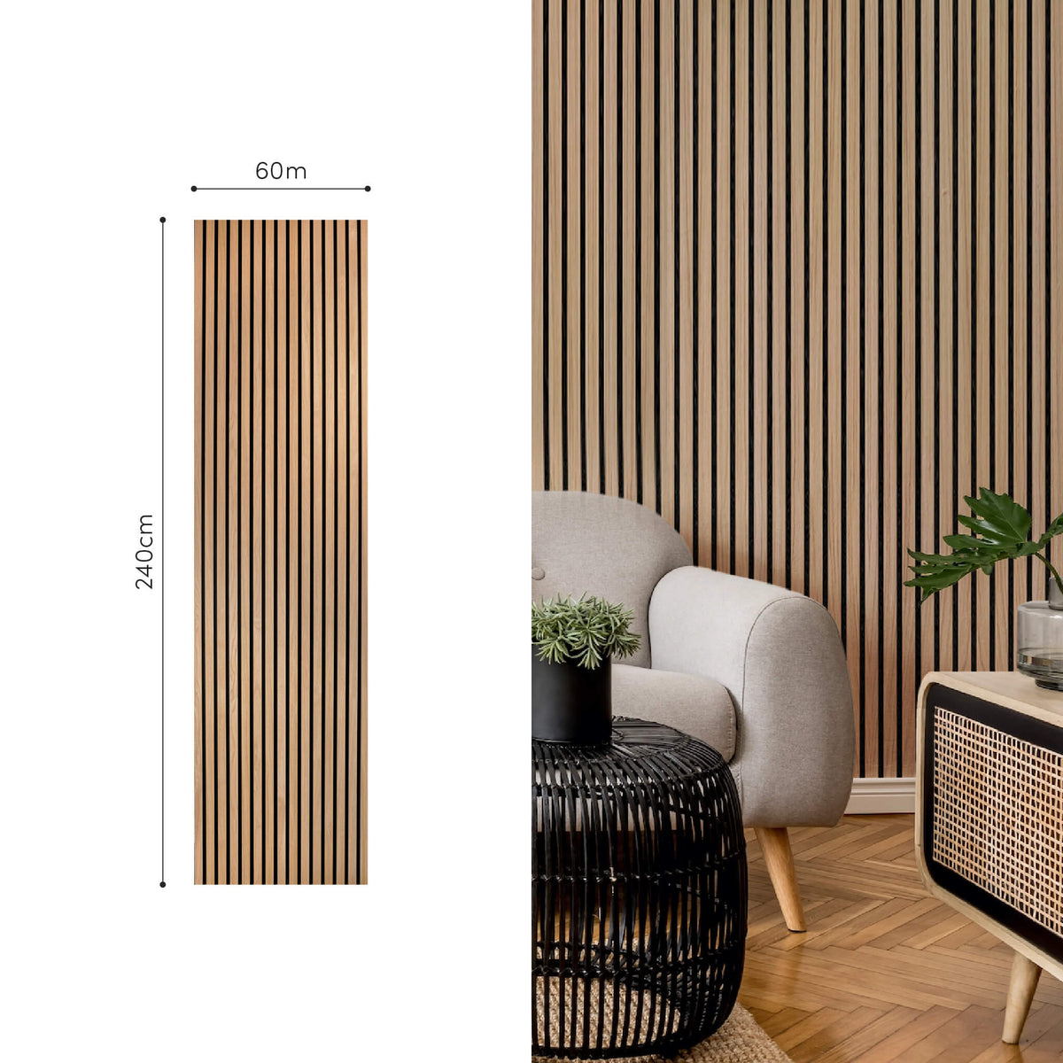 Painel Acústico 240 x 60cm | Carvalho Natural - Núcleo Preto - Feltro Preto